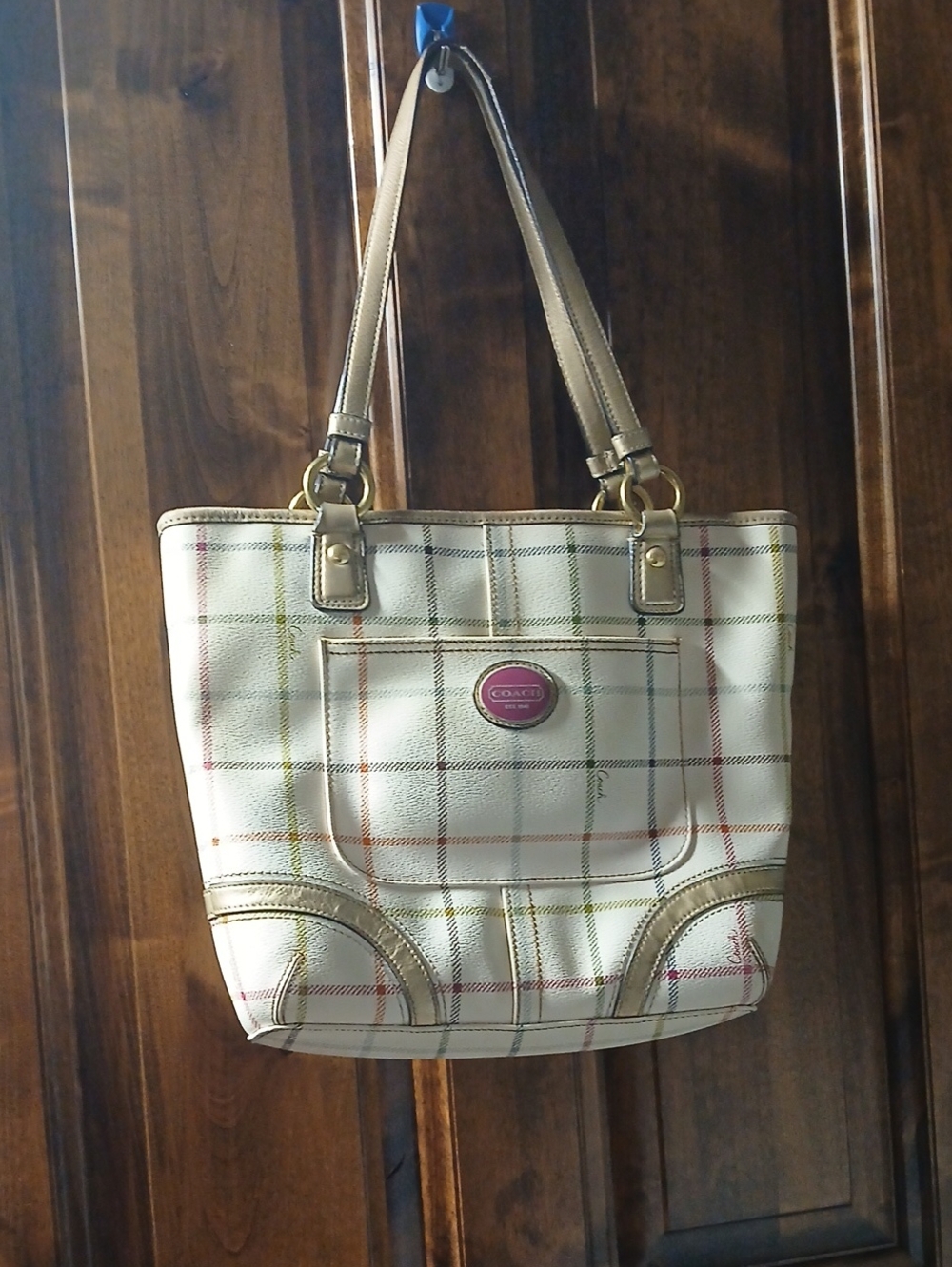 COACH Cream Plaid Shoulder Tote with Tan Straps